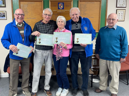 2026 Aussie Pairs Winners. Chairperson Dave Woodage, Winners Richard Butler, Jan Mabbott, Ray Grinham, Organiser Harry Frith.